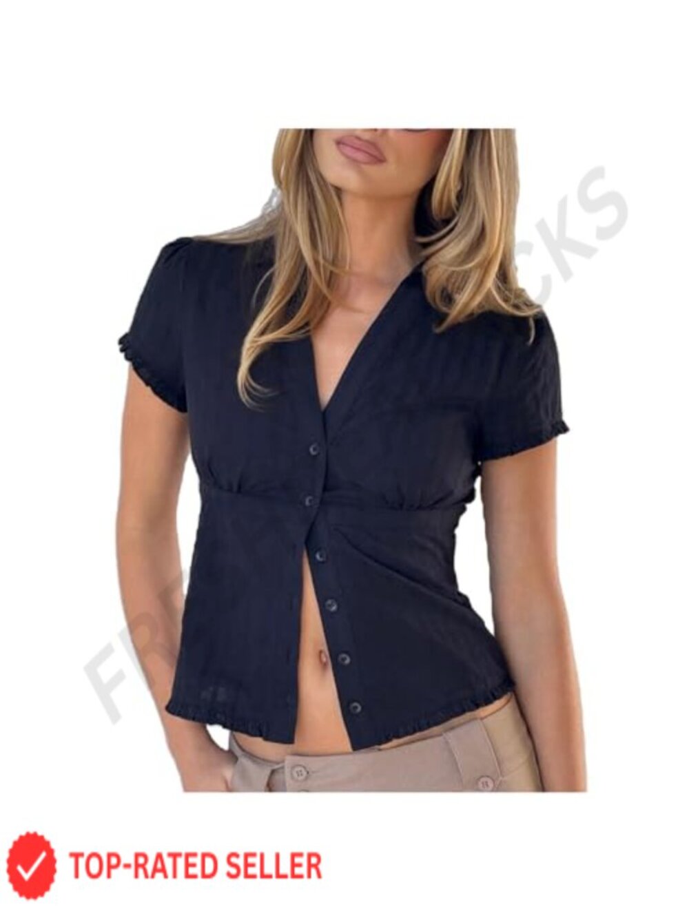 Slim Fit Short Sleeve Button Down Blouse Ruched Vintage Y2k Top